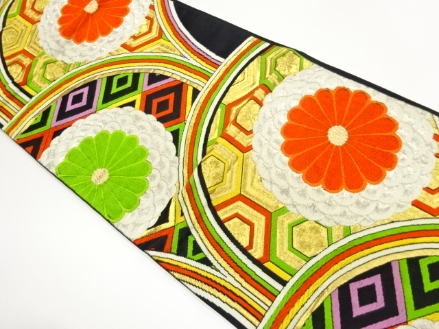 変わり青海波に菊・花菱亀甲・子持ち菱模様織出し袋帯